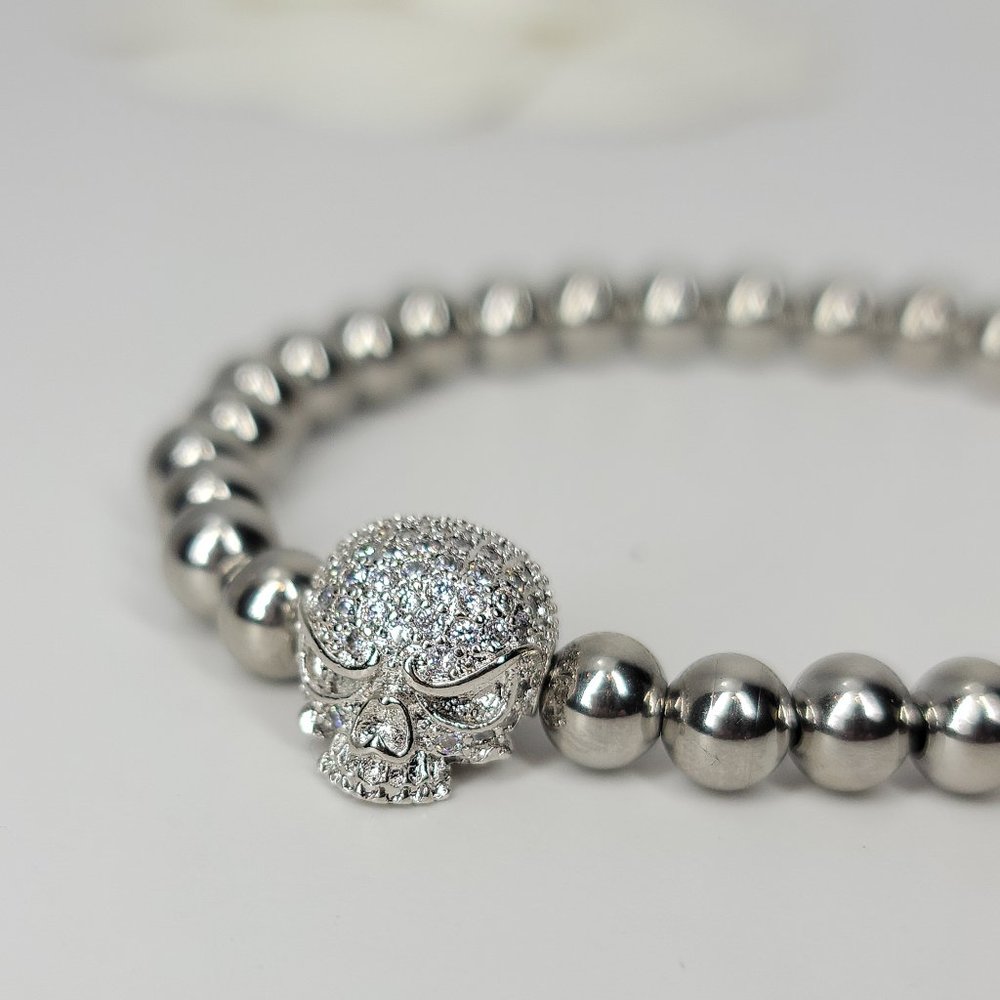 NEW Pave CZ Diamond Stainless Steel Skull Bracelet - Picture 6 of 7